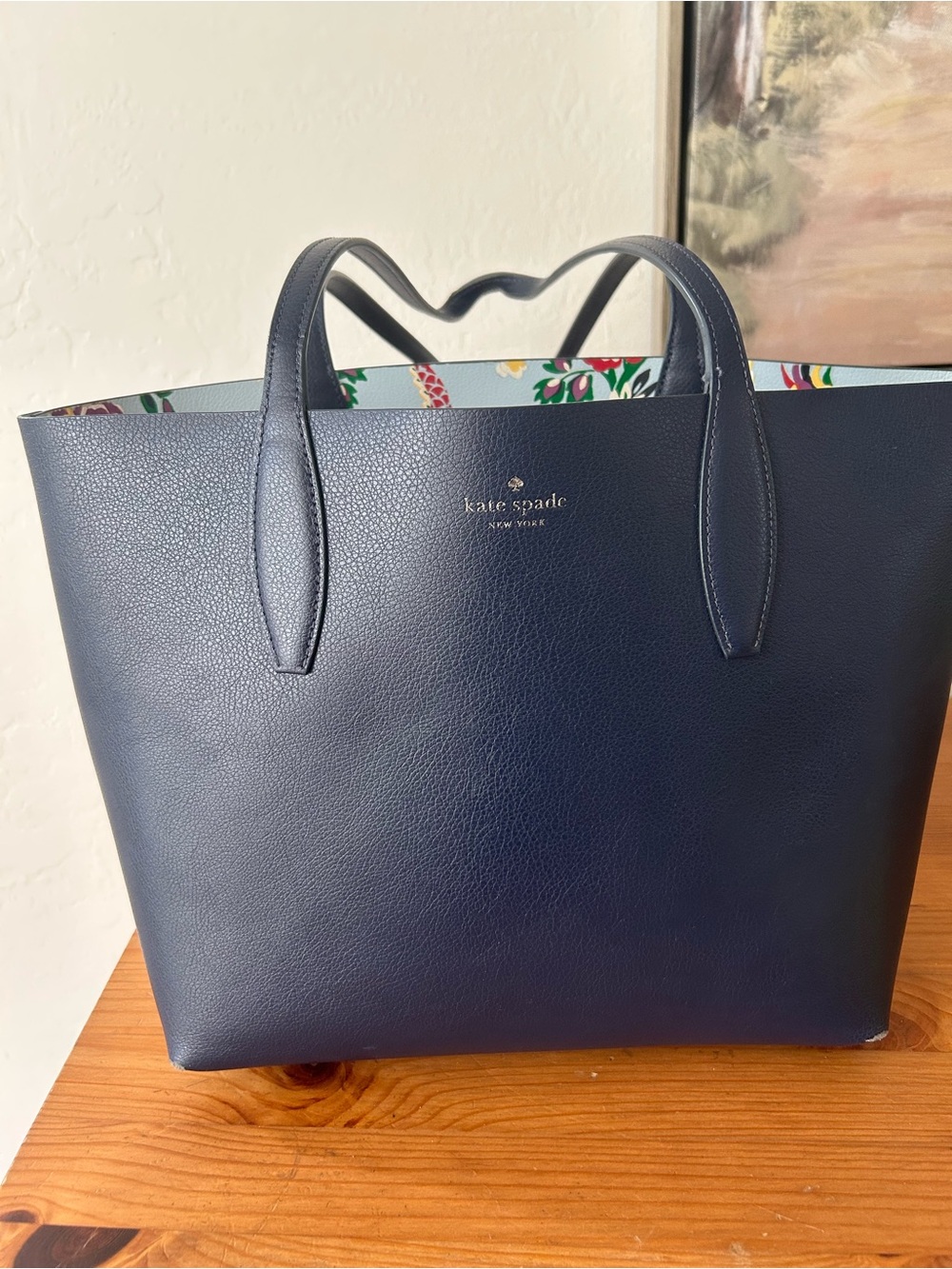 kate spade navy leather tote with floral interior